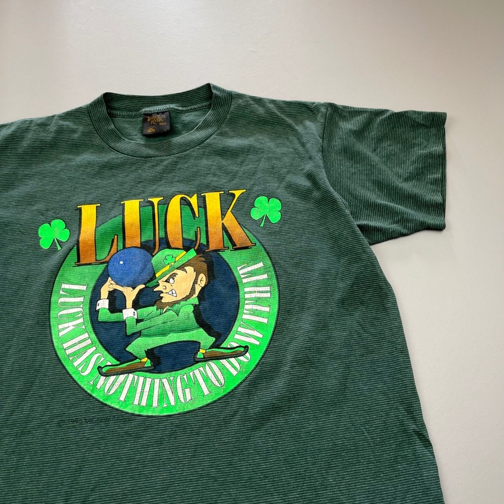 Vintage T-Shirt Mens L Green 1995 Bowling Leprechaun Graphic Notre Dame College